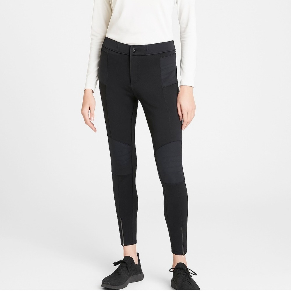 Athleta Moto Tight Black Panel Detail‎ Zip Ankle Athletic Pants Womens Size 10T